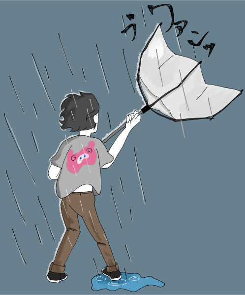 雨風で傘が飛ばされるイラスト