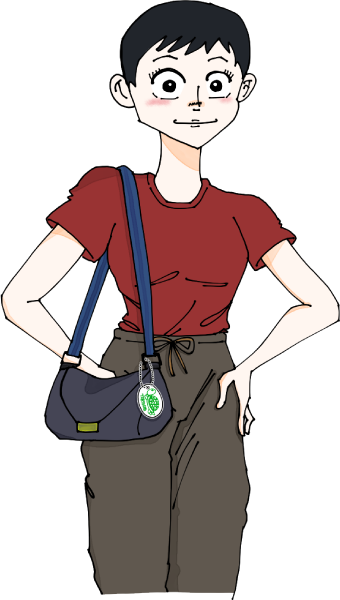 カメの小判札ネームタグを付けたバックを持つ女性のイラスト