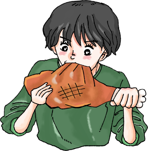 肉にかぶりつく女の子のイラスト