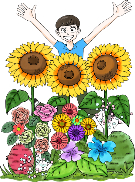 たくさんのお祝いの花と女の人のイラスト