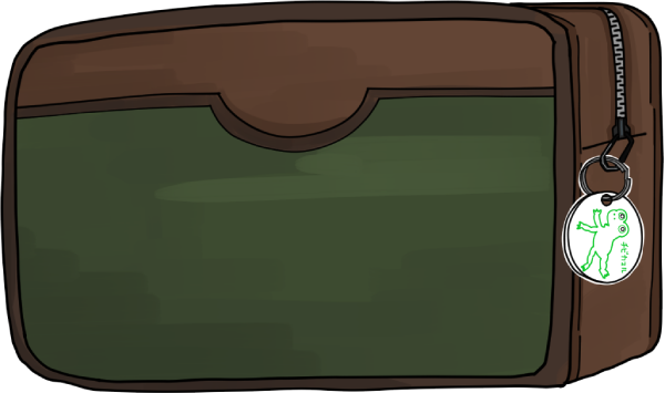 カエルのデザインのネームタグをバックに付けたイラスト