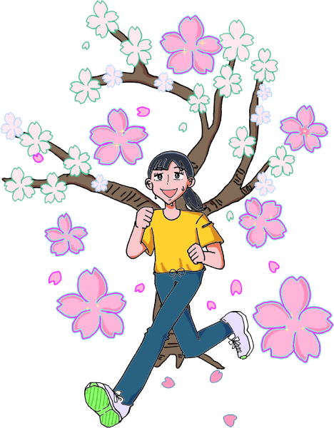 桜の前を走る女の子のイラスト