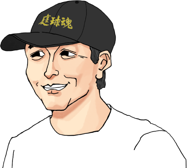 庭球魂の文字刺繍入り帽子を被る男の人のイラスト